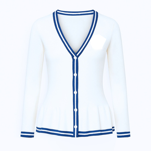 Cardigan en tricot blanc ZPB avec bordure bleue, col en V, manches longues, style classique, fermeture boutonnée sur toute la longueur, à porter en toutes saisons - Product Image 2