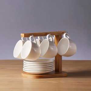 Wooden Cup Holder Stand with 6 White Ceramic Coffee Cups and Matching Saucers Modern Minimalist <b>Kitchen</b> <b>Storage</b> <b>Rack</b> - Product Image 1