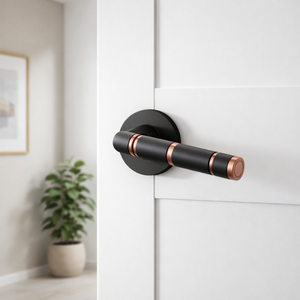 Modern Brass Lever Door <b>Handle</b> Set Matte Black Finish with Gold <b>Copper</b> Accent Rings | Interior Door Hardware Premium Quality - Product Image 2