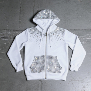 Sweat-shirt à capuche zippé en strass blanc unisexe, coupe classique en molleton bouclette, streetwear décontracté pour l'automne - Product Image 3