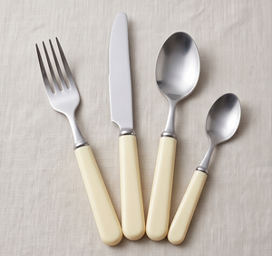 Vintage Stainless Steel Cutlery Set With Cream <b>Plastic</b> Handles <b>Mirror</b> Polish Dishwasher Safe Fork Knife Spoons - Product Image 1