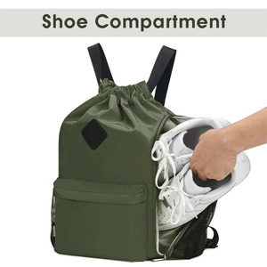 <b>Drawstring</b> <b>Backpack</b> Sports Gym Bag Made Of Water Resistant Nylon With Shoes Compartment Cinch String Beach Carrier - Product Image 3