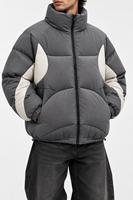 Blouson matelassé unisexe gris à col montant, fermeture éclair, coupe-vent, en polyester épais, décontracté pour l'hiver, coupe ample, design color block