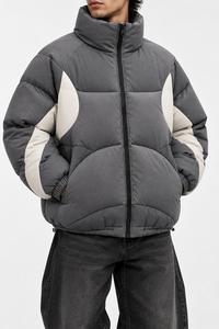 Blouson matelassé unisexe gris à col montant, fermeture éclair, coupe-vent, en polyester épais, décontracté pour l'hiver, coupe ample, design color block - Product Image 4