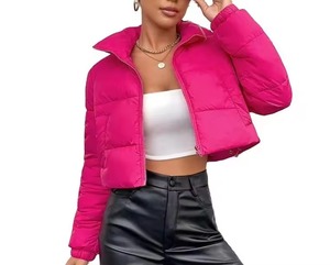 Pink <b>Quilted</b> Crop Jacket Women's <b>Winter</b> Zipper Stand Collar Full Sleeve Solid Color Padded Coat Short Length Fashion Outerwear - Product Image 4
