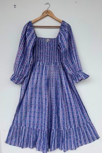 Smocked Cotton Maxi <b>Dress</b> Floral Stripe Print <b>Ruffle</b> Sleeve Long <b>Dress</b> V Neck Boho Summer Wear Ladies Garden Party Outfit - Product Image 1