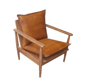 Silla de cuero puro y madera de diseño moderno, silla de los 50, de acacia natural - Product Image 1