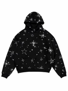 Men's Black Regular Fit Hoodie <b>Glitter</b> Star Print 100% Cotton French Terry Winter Casual Sweatshirt - Product Image 5