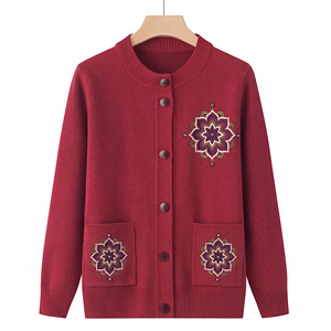 Women's Embroidered Knit <b>Cardigan</b> Long Sleeve Crew Neck Single Breasted Acrylic Sweater Winter Wear - Product Image 1
