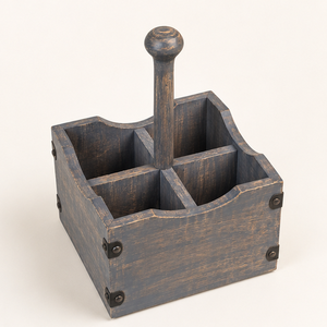 Rustic Grey Washed Mango Wood Cutlery Holder 4-Compartment Portable Silverware Caddy & Utensil Organizer With Detachable Handle - Product Image 1