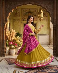 <b>Women</b> Traditional Indian Pakistani Silk <b>Lehenga</b> Choli Set Floor-Length Wedding Wear Purple Yellow Embroidered Design Regular Fit - Product Image 3