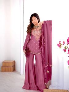 Conjunto de traje Sharara de seda Simar bordado para mujer con dupatta, ropa tradicional india y pakistaní para fiestas y bodas - Product Image 1