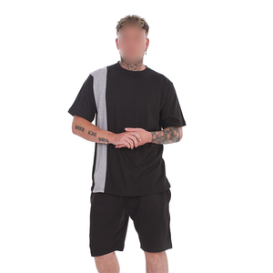 Nouvel Arrivage Ensemble T-shirt et Short Tricoté à Col Rond pour Homme, Lavable en Machine, Décontracté d'Été, Noir et Gris à Blocs de Couleurs - Product Image 1