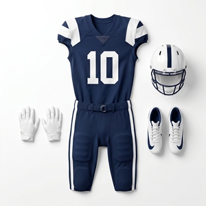 Ensemble uniforme de football américain classique personnalisé Govenza 2025 – Maillot, pantalon, casque et gants imprimés, 100 % polyester, bleu marine et blanc - Product Image 3