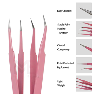 Pink Stainless Steel Eyelash Tweezers Set Precision Pointed Tips <b>Drawstring</b> <b>Pouch</b> High quality Customizable - Product Image 3