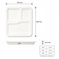 Plateau de service alimentaire jetable transparent en bagasse biodégradable écologique à 3 compartiments avec couvercle blanc pour la restauration