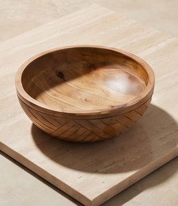 Natural Finish <b>Mango</b> <b>Wood</b> Serving <b>Bowl</b> Round Salad <b>Bowl</b> with Carved Exterior Geometric Angled Line Pattern - Product Image 4