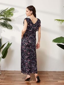 Combinaison pour femme à col rond sans manches, motif floral, jambes larges, coupe classique, multicolore et bleu marine - Product Image 2