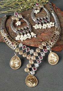 Conjunto de Collar y Pendientes Bohemios de Dos Tonos para Mujer, Chapado en Oro y Plata Antigua, con Diseño de Pavo Real y Engaste de Zirconia en Bisel - Product Image 3