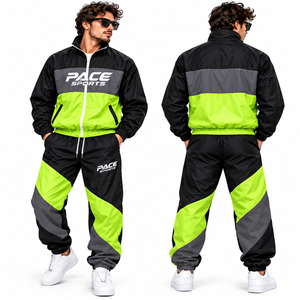 mens black neon green gray nylon windbreaker <b>jacket</b> and pant retro color block warm up zip <b>jacket</b> baggy track pant <b>workout</b> suits - Product Image 1
