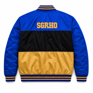 Chaqueta de carreras personalizada de la hermandad Sigma Gamma Rho con logo bordado en azul y dorado, estilo racing para mujer con forro de poliéster. - Product Image 3