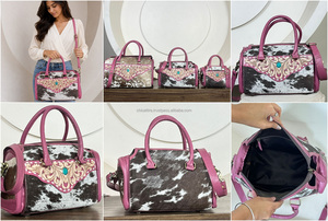 Sacs de voyage week-end personnalisés en cuir de vachette premium, 15 pouces, grande capacité, motif floral, pierre turquoise, style western - Product Image 2