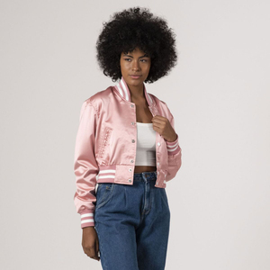 Chaqueta Corta de Satén Rosa Claro para Mujer, con Botones a Presión Blancos y Cuello Acanalado a Rayas, Chaqueta Exterior al por Mayor OEM Premium - Product Image 1