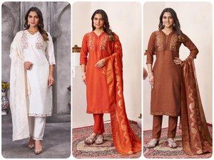 Women's Orange Roman <b>Silk</b> Traditional <b>Kurta</b> Set Hand Embroidered Dupatta Casual Wear India Pakistan Ankle-Length Regular Fit - Product Image 2