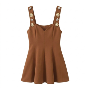 Top Corto Personalizado para Mujer, Color MARRÓN, Sin Mangas, con Tirantes y Botones, Transpirable, Casual, Elegante, Ajustado, para Verano - Product Image 1
