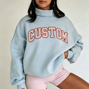 Custom Women's Letter Patch Embroidered Sweatshirt Oversized Turtleneck Lapel <b>Drop</b> Shoulder Pullover Manufacturer - Product Image 1