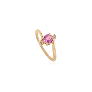 Anillo de Oro Amarillo Sólido K14 con Zafiro Rosa y Diamantes de Corte Redondo de Primera Calidad, Joyería Minimalista para Mujer - Product Image 3