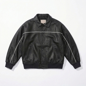 Chaqueta Bomber de Cuero con Ribete Blanco y Negro |   Chaqueta Bomber con Botones a Presión y Ribete |   Abrigo de Piel Sintética Estilo Urbano |   Fabricante OEM Personalizado - Product Image 1