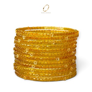 Bracelets en verre traditionnels kashmiris jaunes en forme de goutte de pluie avec pierres scintillantes, bijoux kashmiris, bracelets en verre en gros pour femmes - Product Image 2