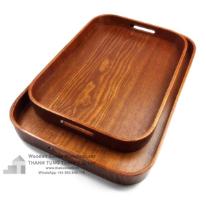 Plateau de service rectangulaire en bois avec poignées métalliques, finition rustique marron, pour café et petit-déjeuner, fabriqué au Vietnam - Product Image 6