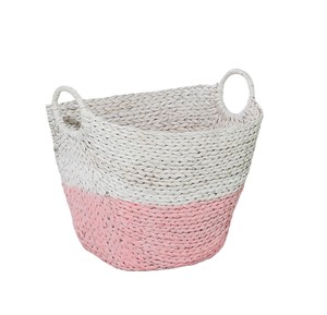Premium Quality Pink and <b>White</b> Water Hyacinth <b>Basket</b> Woven Storage Organizer Eco Friendly <b>Laundry</b> Hamper with Handles - Product Image 1