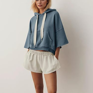 Ensemble deux pièces pour femme : sweat à capuche court et short, couleur personnalisable, coupe classique, décontracté, écologique, respirant, 100 % coton - Product Image 3