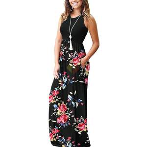 Vestido Largo Casual de Verano sin Mangas con Estampado Floral Negro, Bolsillos Laterales, Tela Elástica, Ropa de Mujer - Product Image 3