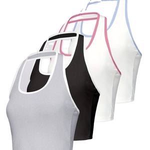 Paquete de 4 camisetas sin mangas de Color sólido con estampado de logotipo personalizado para mujer, talla XS, cuello Halter, chaleco informal para gimnasio, Yoga, tela tejida con ribete en contraste - Product Image 1