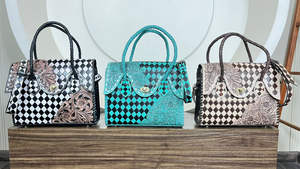 Western Handcrafted Genuine Leather Checkered <b>Tote</b> <b>Bag</b> Floral <b>Tooling</b> Stylish Women Shoulder & Crossbody Handbag For Daily Use - Product Image 4