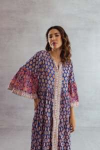 Boho Floral Print 100% Cotton Knitted Eco-Friendly Maxi <b>Dress</b> V Neck Bell Sleeve Loose Fit <b>Tassel</b> Ruffle Hem Summer Formal - Product Image 3