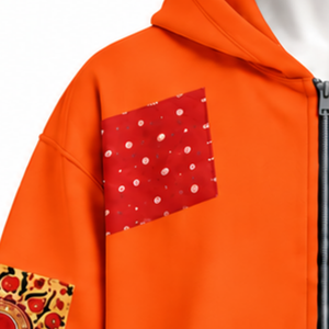 Sweat-shirt à capuche zippé surdimensionné en patchwork orange, imprimé, style streetwear décontracté, unisexe - Product Image 5