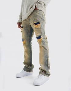 New Antique Wash Slim Flare Rigid PU Biker Rip and Repair Denim <b>Jeans</b> for Men Stylish Stacked Black Distressed Denim <b>Jeans</b> - Product Image 1