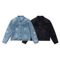 Nouvelle veste en jean pour homme, coupe ample, 100% coton, bleu vieilli, avec broderie personnalisée sur empiècements, design unique et bords bruts