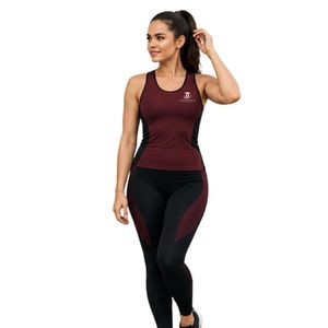 Ensemble de sport deux pièces pour femme : débardeur athlétique sans manches bordeaux et noir et legging taille haute - Product Image 4