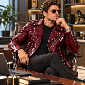 Veste de motard en cuir embossé bordeaux de luxe pour homme avec col montant et doublure en soie |   Veste de moto en cuir exotique - Product Image 6