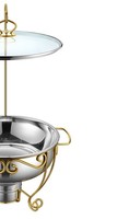 Plat à réchaud de luxe doré avec support en spirale, couvercle en verre et grille, élégant chauffe-plat en acier inoxydable pour buffets et présentations de traiteur