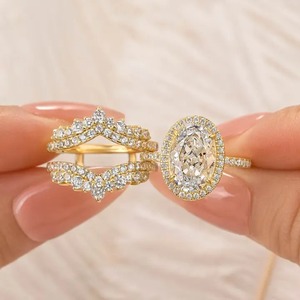 925 <b>Silver</b> Moissanite Enhancer Halo Oval Cut Wedding <b>Ring</b> <b>Set</b> With Two V-shaped Design Half Eternity Wedding Bands for Women's - Product Image 2