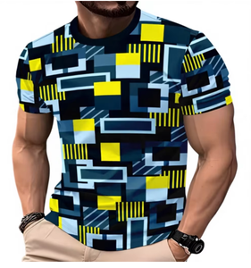 T-shirt à manches courtes pour homme, motif géométrique, col rond, coupe ajustée, respirant, vêtement décontracté, impression numérique, 100% polyester tissé - Product Image 1