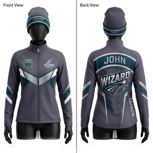 Women Ice Hockey Training <b>Jacket</b> 300 GSM High Performance Polyester Spandex Fabric <b>Grey</b> With Teal White Panels Sublimated - Product Image 1