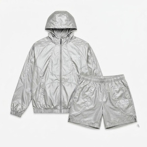 Custom Logo <b>Silver</b> Windbreaker Set, Men's Lightweight Metallic Two Piece Sportswear, Hooded <b>Jacket</b> and Shorts Athleisure Set - Product Image 1